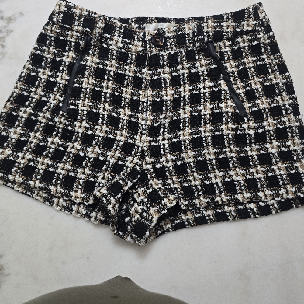Aniina High Waist Plaid Shorts - Black and White
